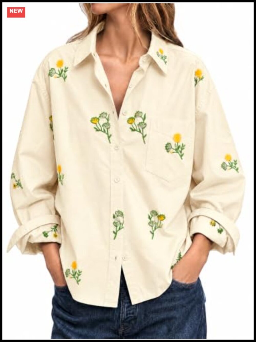 Womens Boho Floral Embroidery Button Down Shirt 100% Cotton Long Sleeve